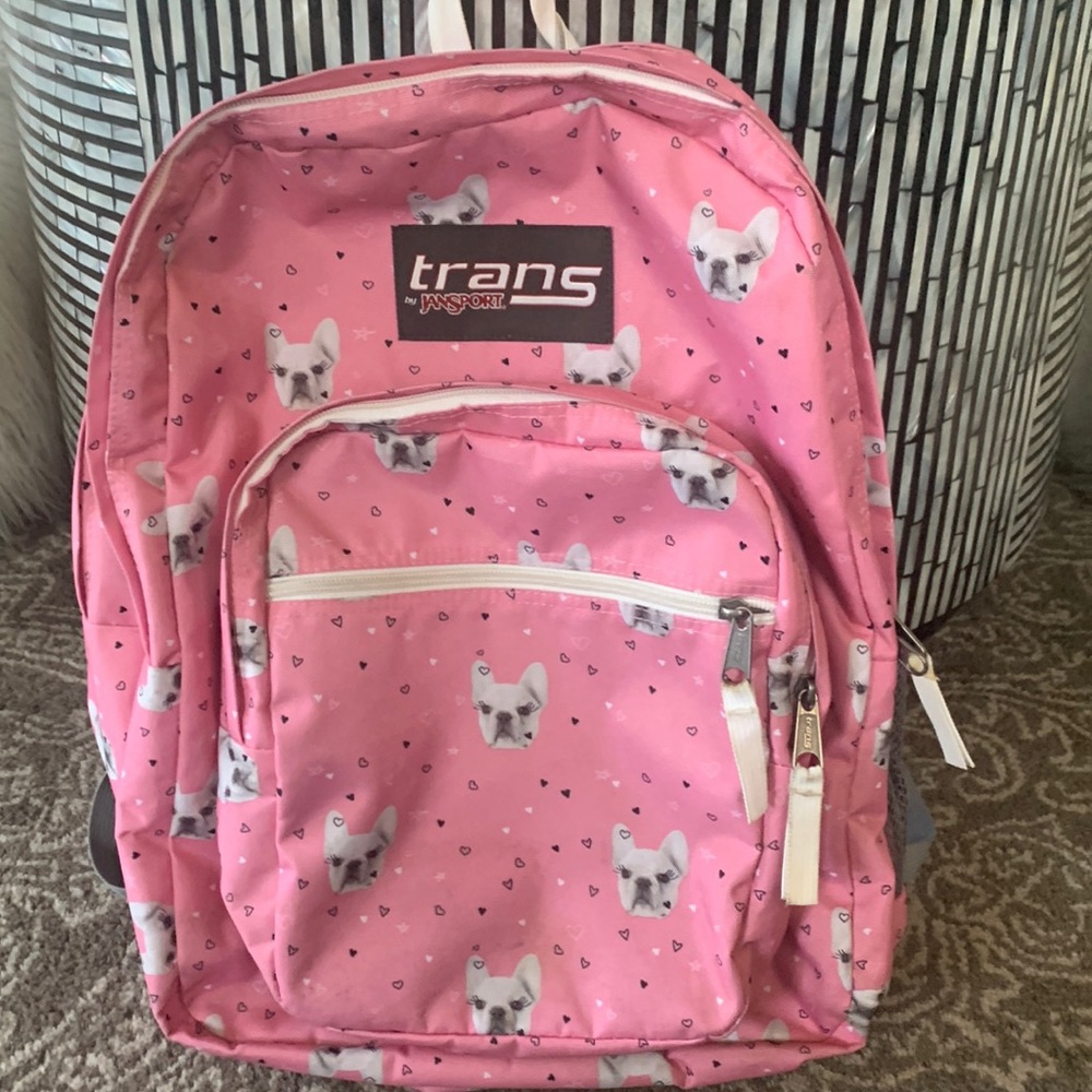 Jansport back pack in pink. French bulldog pattern. Good condition.
